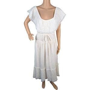 Vtg 70s Ellen Hart Cotton Peasant Dress M Ivory Crochet Lace Ruffle Prairie Midi